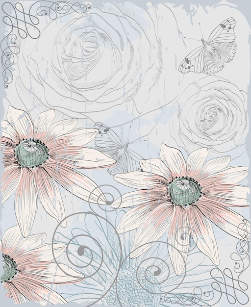 Retro-Hintergrundillustration von blühenden Sommerblumen