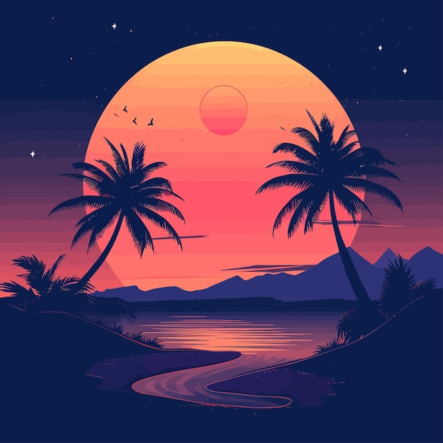 Retro-illustration des sonnenuntergangs