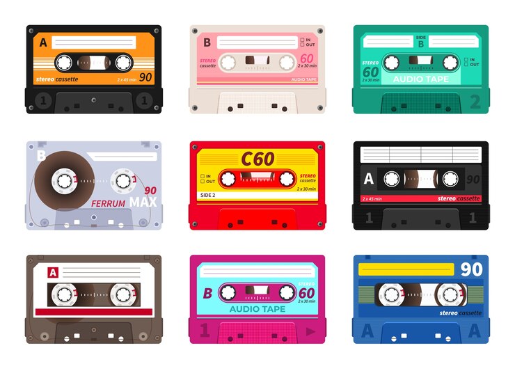 Vektor retro-kassetten. vintage musikband, stereo-rekord.