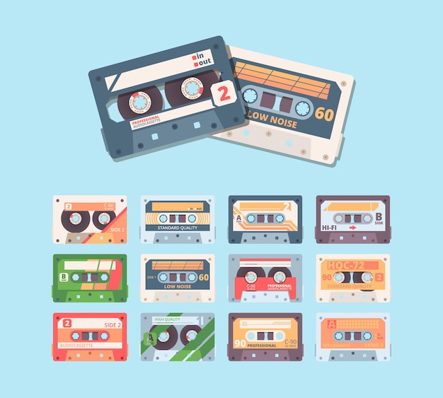 Retro kompakte kassette buntes flaches illustrationsset.