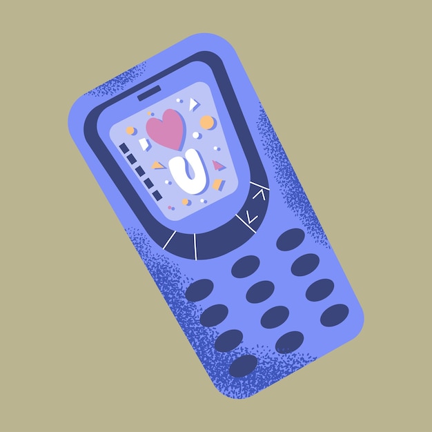 Retro-mobiltelefon mit liebesbotschaft handgezeichnetes vektordesign mit textur