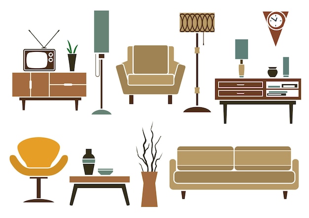 Vektor retro-möbel und interieur-ikonen im flachen stil mit sofa und sesseln, kommoden und tisch, tv und innenausstattung, stehlampen und vase einzeln auf weißem hintergrund