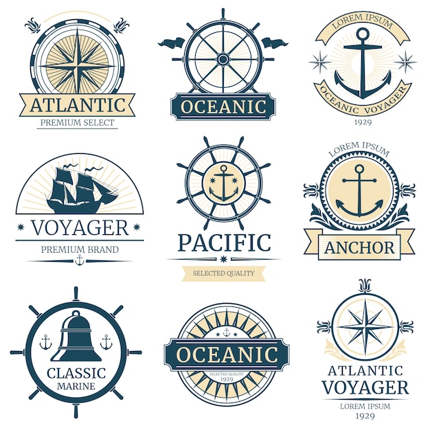 Retro nautische Vektor Etiketten, Abzeichen, Logos und Embleme