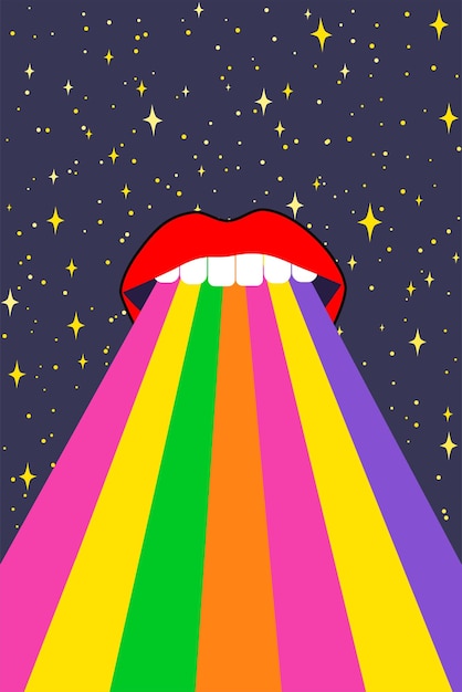 Retro-neon-psychedelic-hippie-poster 70er jahre abstrakte cover mit schwebenden lippenregenbögen und raum