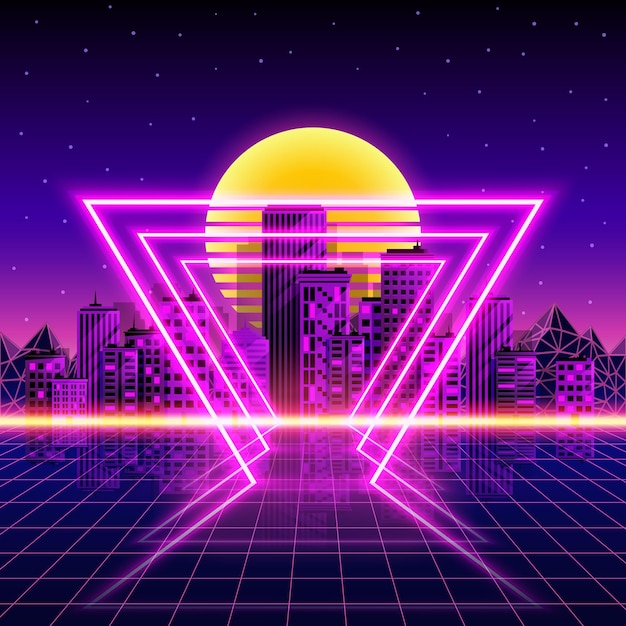 Vektor retro-neon-stadthintergrund. neon-stil der 80er jahre. vektor-illustration