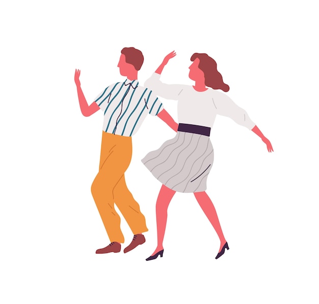 Vektor retro-paar tanzt synchron lindy hop zusammen. gesichtslose paare tanzen swing, jive oder step in kostümen im stil der 1940er jahre. tänzer auf jazzparty. flache vektorkarikaturillustration lokalisiert auf weiß.