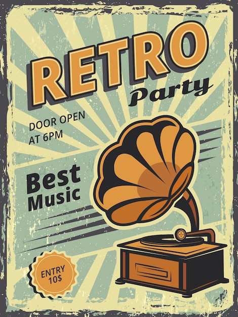 Retro-Party. Einladungsplakat mit Grammophon und Vinylaufzeichnungen Musikvektorplakat