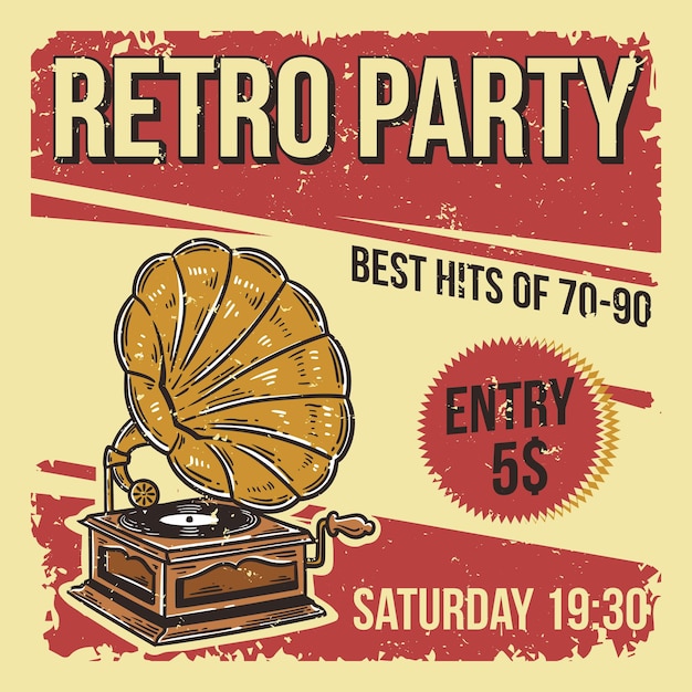 Vektor retro-party-flyer oder poster-vorlage mit grammophon im vintage-stil auf rotem hintergrund