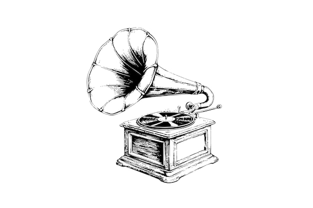 Retro-Phonograph-Grammophon-Vintage-Gravur-Vektorillustration. Skizze handgezeichneter Kunst