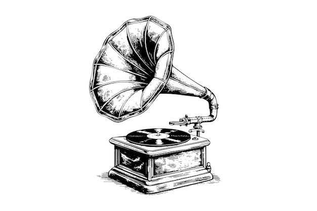 Vektor retro-phonograph-grammophon-vintage-gravur-vektorillustration. skizze handgezeichneter kunst