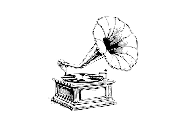 Retro-Phonograph-Grammophon-Vintage-Gravur-Vektorillustration. Skizze handgezeichneter Kunst