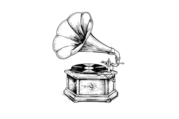 Retro-Phonograph-Grammophon-Vintage-Gravur-Vektorillustration. Skizze handgezeichneter Kunst