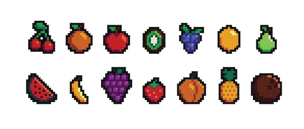Retro-Pixel-Art-Lebensmittel-Isolations-Symbole mit 8-Bit-Pixelfrucht und -Gemüse