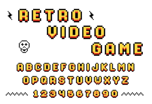 Vektor retro-pixelfont aus altem computerspiel 8 bit buchstaben und zahlen pixel-alphabet-vektor