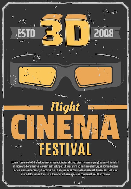 Vektor retro-plakat des filmnachtfestivals des kinos 3d