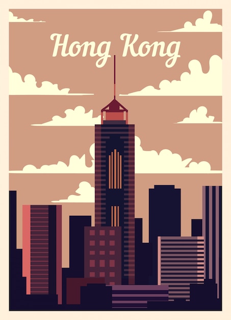 Retro plakat hong kong stadtskyline.