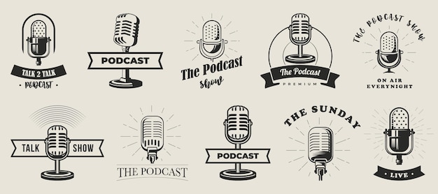 Retro-Podcast-Abzeichen-Icon-Sammlung Set mit Mikrofon-Vintage-Emblem