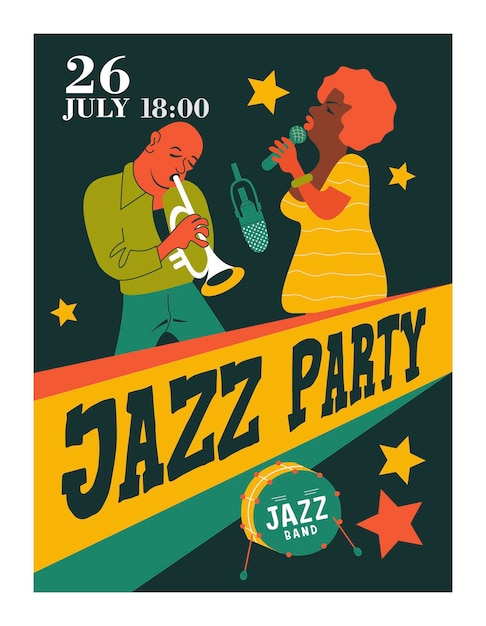 Vektor retro-poster. jazz-party. trompeter und jazzsänger.