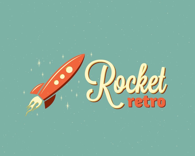 Retro rocket emblem oder logo vorlage. cartoon raumschiff im himmel mit sternen. vintage typografie auf hintergrund