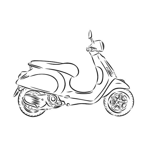 Retro-roller handgezeichnete tinte strichzeichnungen moped-vektor-illustration isoliert auf weiß