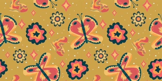 Retro-Schmetterling groovy nahtlose Muster Boho-Vektor-Hintergrund Hippie psychedelische nahtlose Muster Groovy Retro-Hintergrund Design mit Gänseblümchen-Blume und Stern