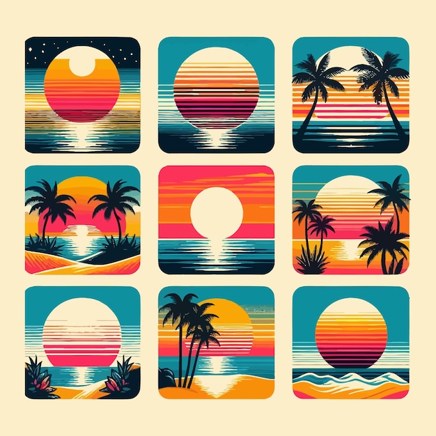 Retro Sonnenuntergänge im Stil der 80er und 90er Jahre Abstrakte Sonne am Strand Hintergrund mit sonnigem Vektor und T-Shirt