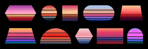 Retro-sonnenuntergang-set vintage california sunrise logo 90er 80er bunt strukturierte kunstabzeichen grunge surfende sommerozeandrucke gestreifte sonne schickes vektorkit