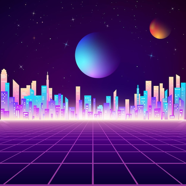 Retro Stadtlandschaft in Neonfarben