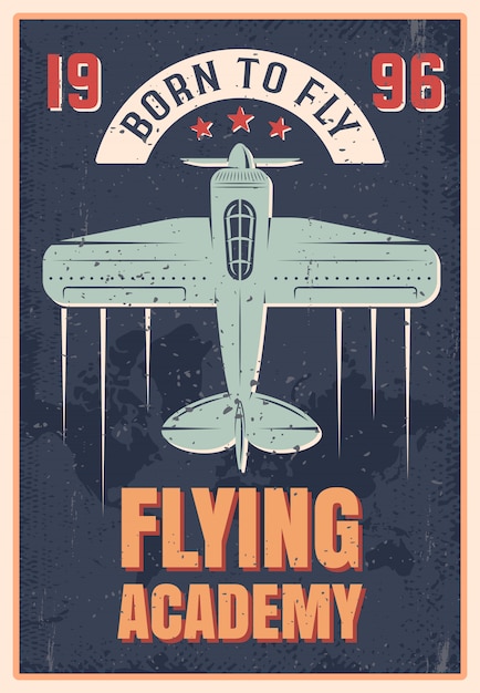 Retro-stilplakat der fliegenden akademie des blauen flugzeugs mit propeller, vektorillustration