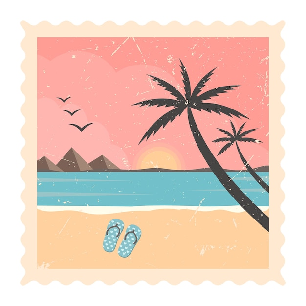 Retro strandlinie und sonnenuntergang - tropische palmen des vektors mit buntem landschaftshintergrund