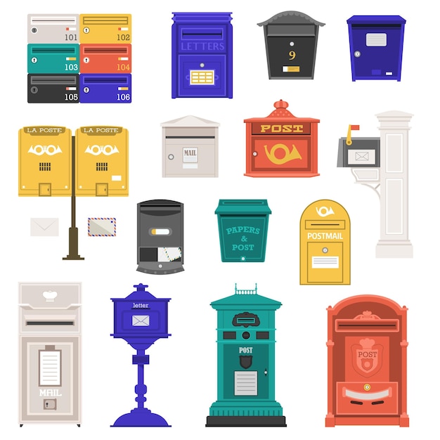 Vektor retro street postbox-sammlung mit vertikalem säulenbriefkasten, öffentlichen wandbriefkästen und postposten mit umschlag- und hornsymbolen vintage-briefkastenset mit klassischen londoner königlichen briefkastensymbolen