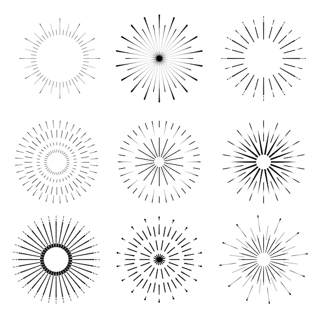 Retro Sun Burst Formen. Vintage Starburst-Logo, Etiketten, Abzeichen. Sunburst minimale Logo-Rahmen. Feuerwerk Design-Elemente isoliert. Sun Burst Light Logo. Minimale Vintage Gold Feuerwerk platzen.