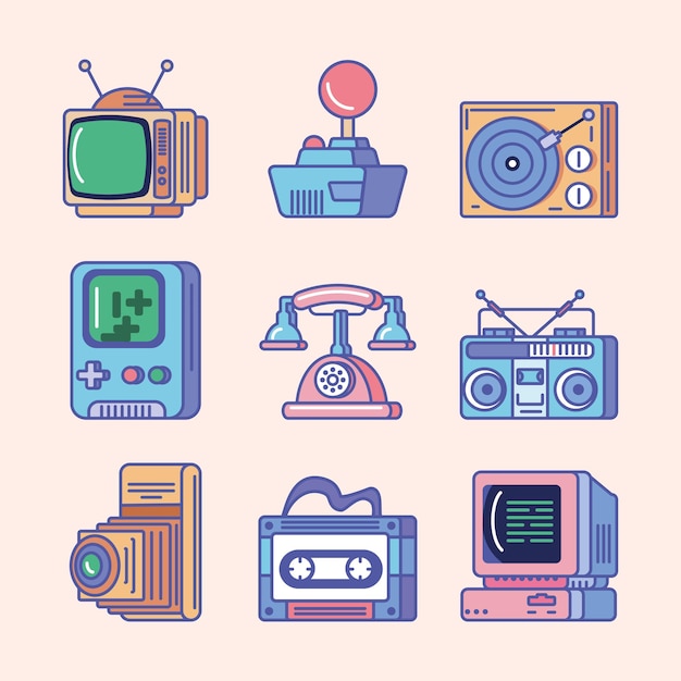 Retro-tech-geräte-icon-set