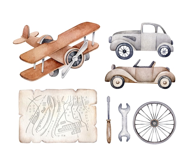 Retro Transport Set.Vintage Auto, Flugzeug, Karte, Rad, Werkzeuge