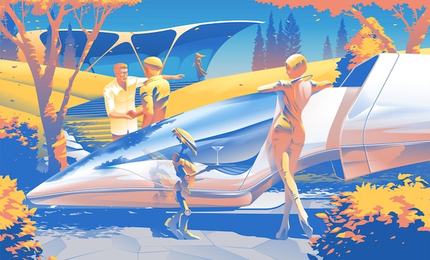 Retro-Vektor-Scifi-Illustration von wohlhabenden Menschen im täglichen Leben im Jahr 2079