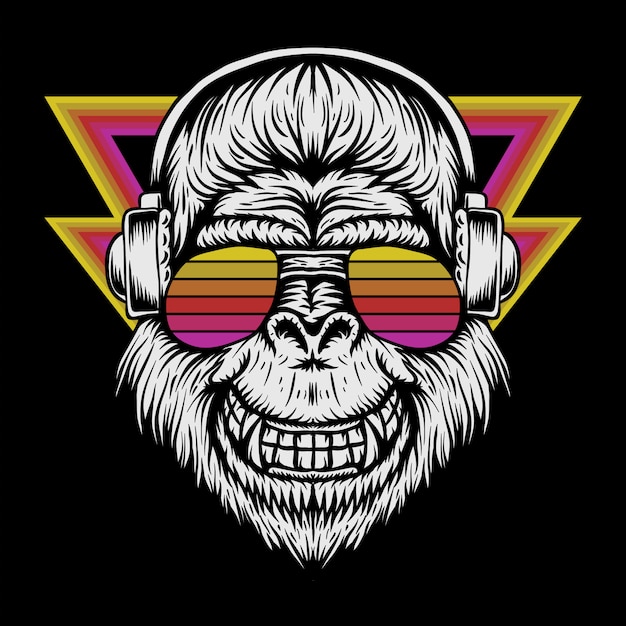 Vektor retro- vektorillustration des gorillakopfhörers