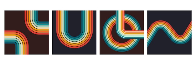 Retro Vintage 70er Stil Streifen Hintergrund Poster Linien Formen Vektor Design Grafik 1970er Retro Hintergrund abstrakt stilvoll 70er Jahre Linie Rahmen Illustration Set
