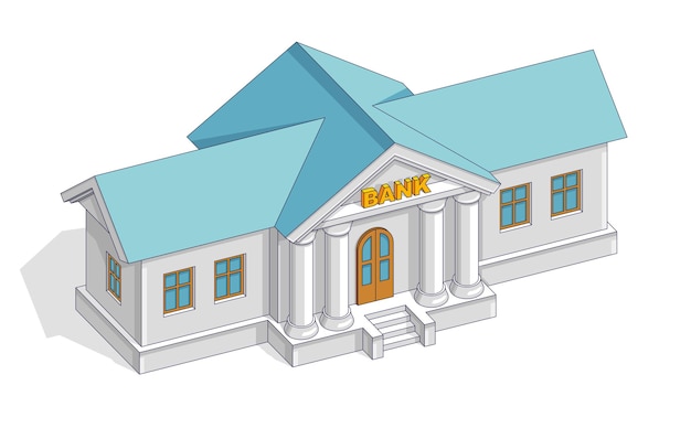 Retro-Vintage-Architekturkarikatur des Bankgebäudes lokalisiert über weißem Hintergrund. Vektor isometrische 3D-Geschäfts- und Finanzillustration, Design mit dünner Linie.
