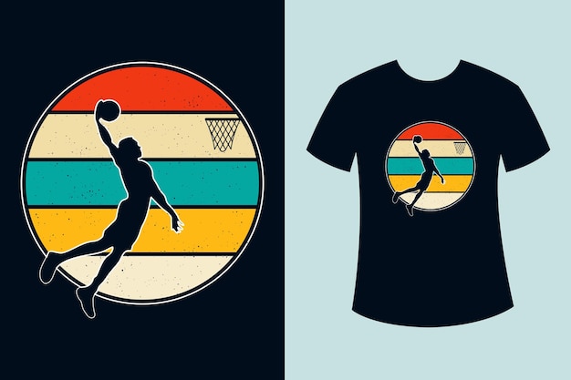 Retro-vintage-basketball-t-shirt-design mit basketball-spieler-silhouette