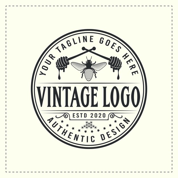 Vektor retro-vintage-logo-design der honigbiene mit abzeichen