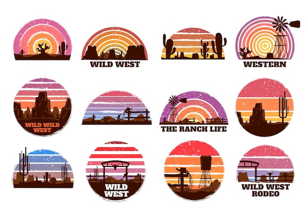 Retro-wild-west-sonnenuntergang western-ranch-silhouette texas-naturmorgenlandschaft und -wüste mit kakteen, vektorgrafik-set