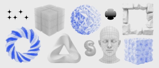 Retrofuturistische y2k-trendy-Set 3D-geometrische Formen im gestrichelten Halftone-Stil verzerrter Ringkugel