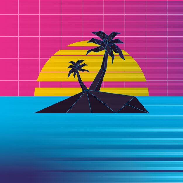 Retrowave sonnenuntergang insel mit palmen hintergrund,