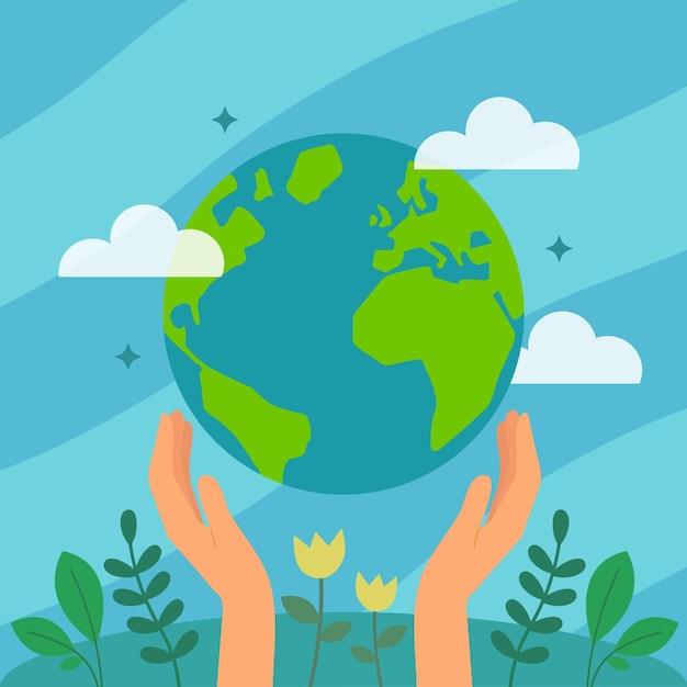 Rette den Weltplaneten Erde mit Händen und Blumen