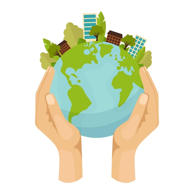 Retten Sie den Planeten Hände. Cartoon-Menschenhände halten verschiedene ökologische Symbole und Elemente der Umwelt