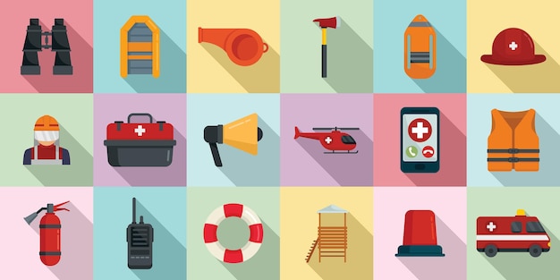 Retter Icons Set flachen Vektor. Hurrikan Flut