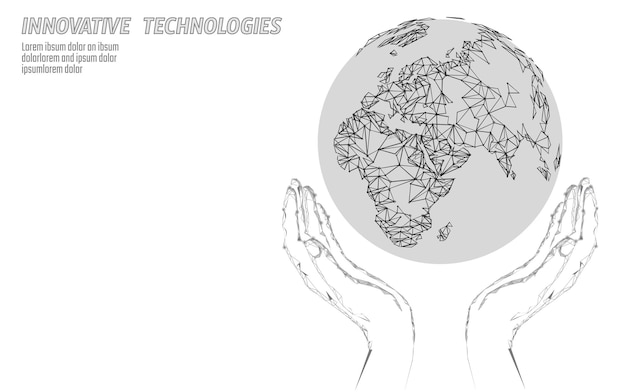 Vektor rettung des planeten erde in händen europa und afrika problemlösung pease sicherheitsabkommen niedrig poly