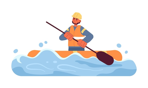 Rettungsschwimmer auf schlauchboot flaches konzept vektor-spot-illustration mann rudert und rettet menschen während der überschwemmung 2d-cartoon-figur auf weiß für web-ui-design isoliertes bearbeitbares kreatives heldenbild