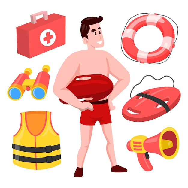 Rettungsschwimmer-werkzeugausrüstungsobjekte mit rettungsring, fernglas, schwimmweste und medizinischem kit