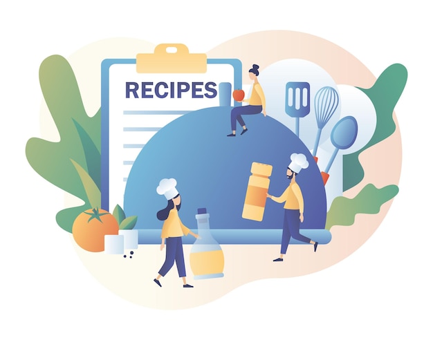 Rezepte online tiny people cook in hef cap zutatenliste konzept food blogging moderne flache cartoon-stil vektor-illustration auf weißem hintergrund
